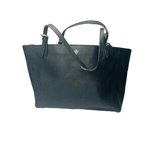 TORY BURCH York Solid Blue Black Leather Small Buckle Large Tote Bag